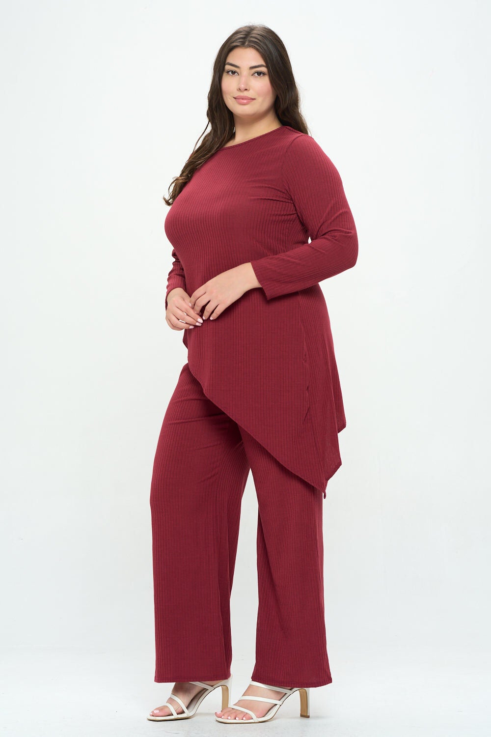 ASYMMETRICAL RIB LOUNGEWEAR SET, Burgundy / Burgundy, alternate image number 1