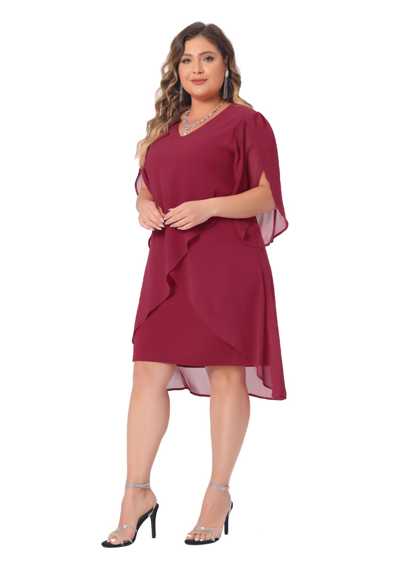 Mesh Wedding Guest Party Chiffon Cocktail Overlay Short Dress, Red / Red, hi-res image number 0