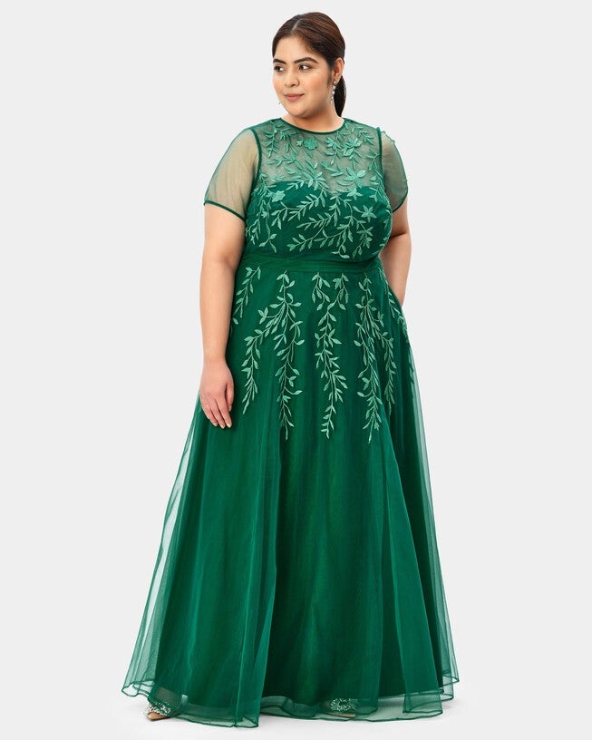Leafy vine embroidery sheer mesh dress, Green / Forest Green, hi-res image number null
