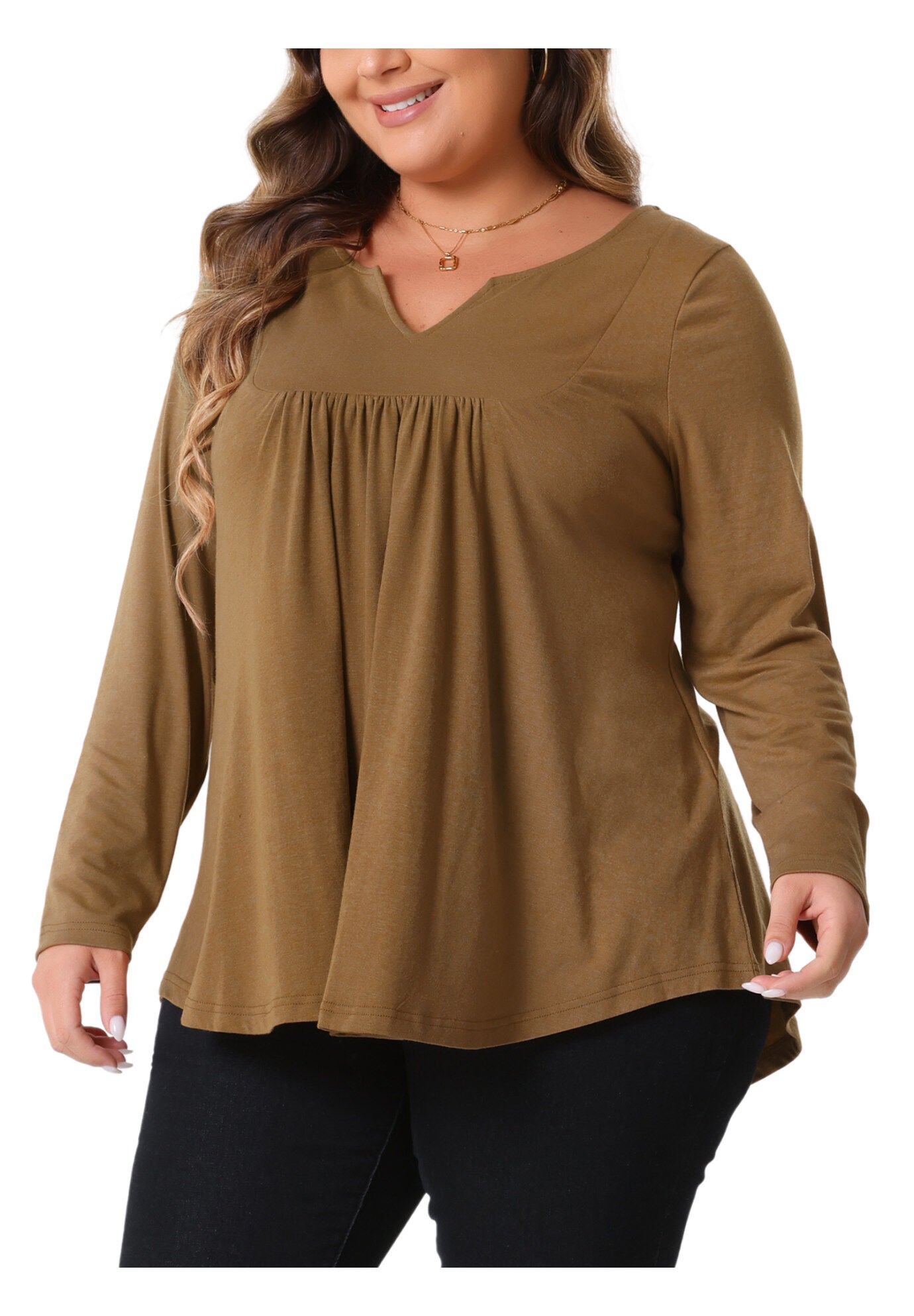 Notched Neck Long Sleeve Front Pleated Blouse, Brown / Brown, alternate image number 1
