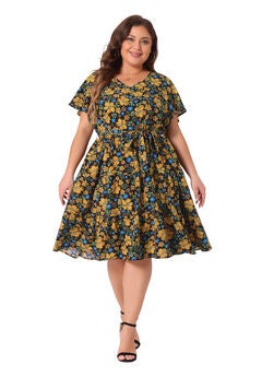Floral Printed V Neck Summer Midi Flared Dress