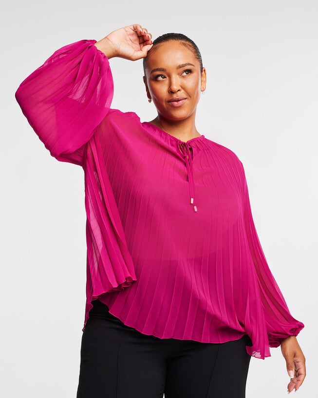 Larissa Pink Pleated Balloon-Sleeve Blouse, Boysenberry / Magenta, hi-res image number null
