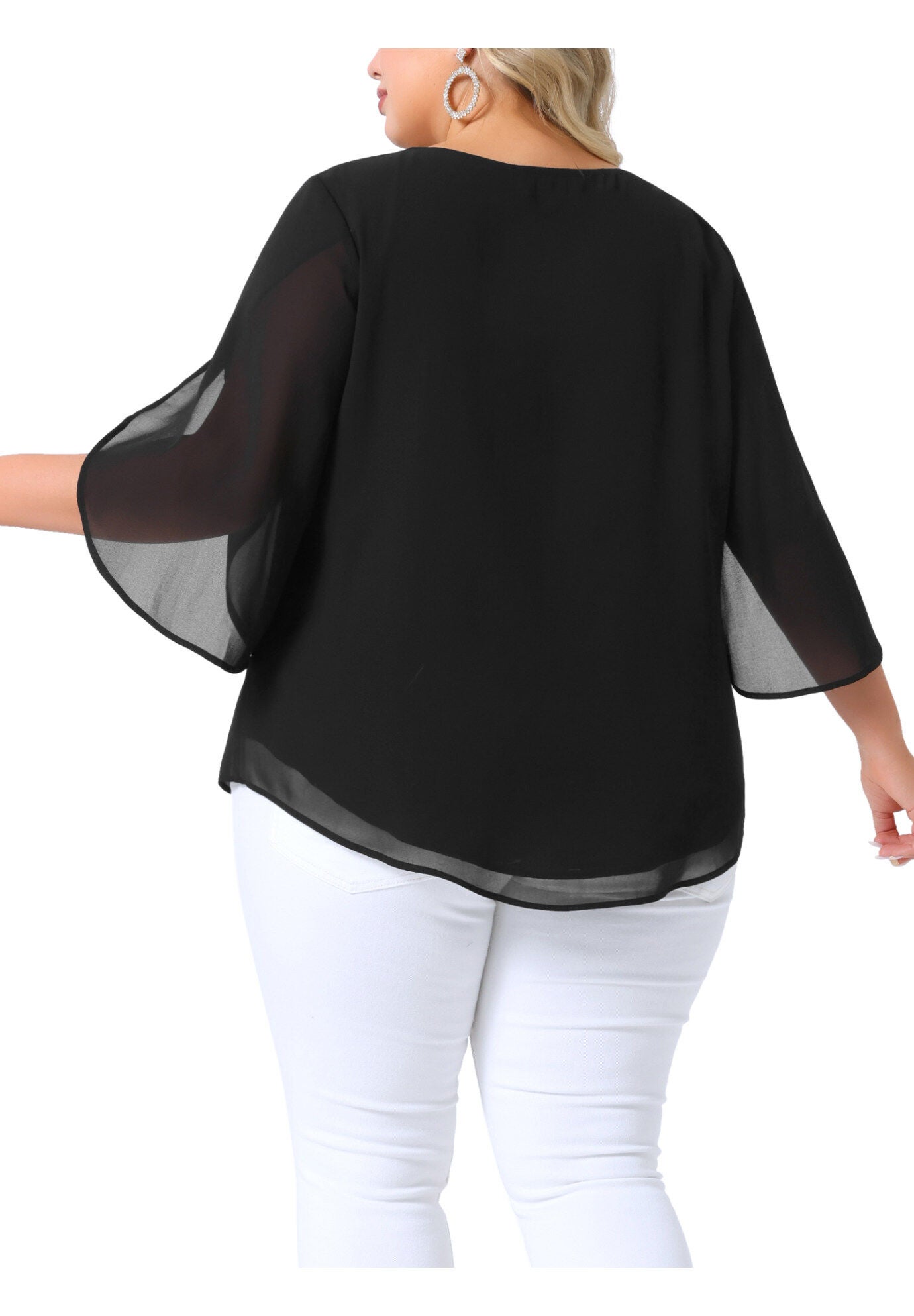 Flutter Petal Half 3/4 Sleeve Loose Chiffon Top, Black / Black, alternate image number 3