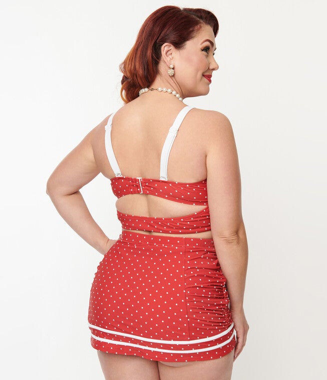 Unique Vintage Red & White Pin Dot Sailor Swim Bottom, , alternate image number null
