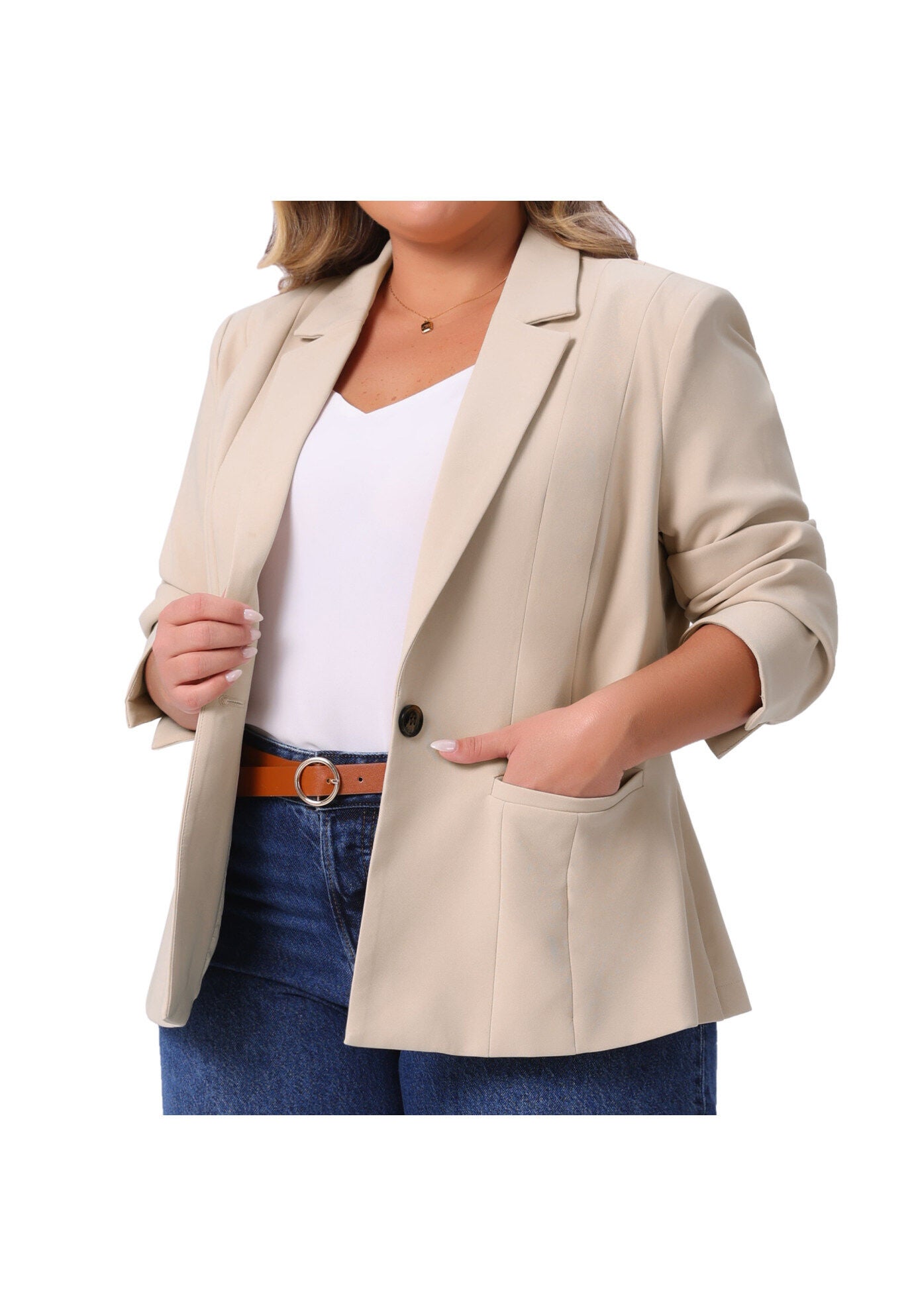 Business Casual Long Sleeve Lapel Pockets Jackets Blazer, Beige / Beige, alternate image number 1