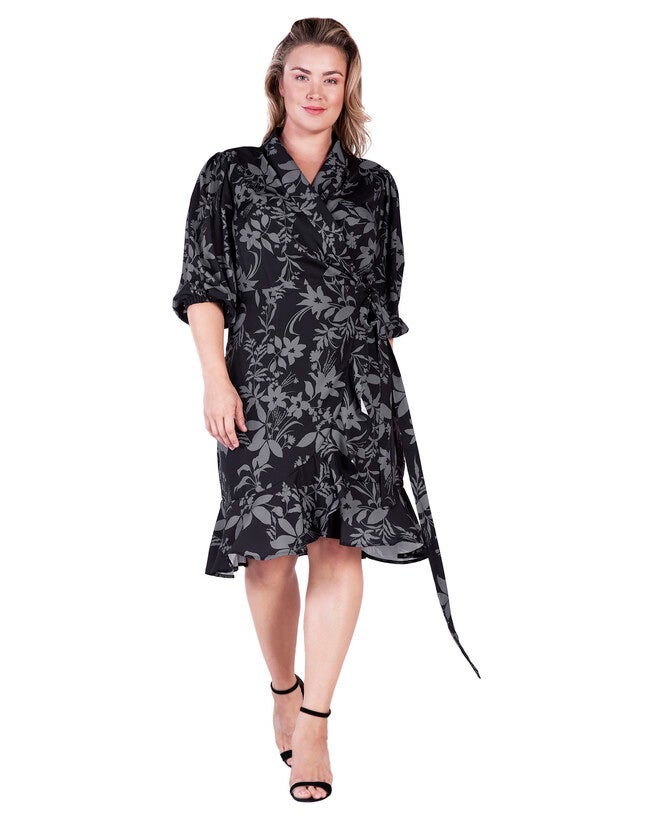 Kylie Double Georgette Dusty Pink Ruffles Wrap Midi Dress, Black Grey Floarl / Black, hi-res image number 0