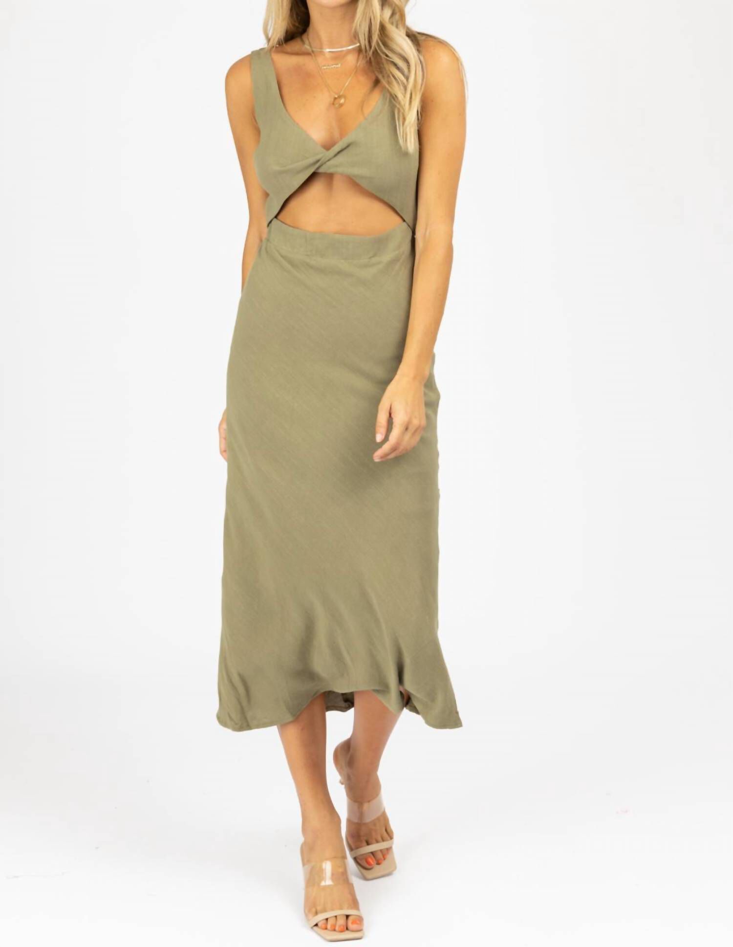 COTTON OPEN FRONT TWIST MIDI DRESS IN OLIVE, , alternate image number 5