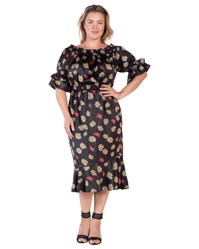 Eudora Womens Plus Size Floral Print High-End Satin Midi Dress, BLKSPARKLER / Black, alternate image number 2