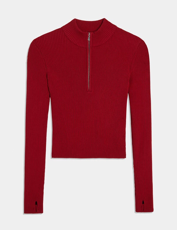 Ribbed Quarter Zip-Top, Berry / Red, hi-res image number 0