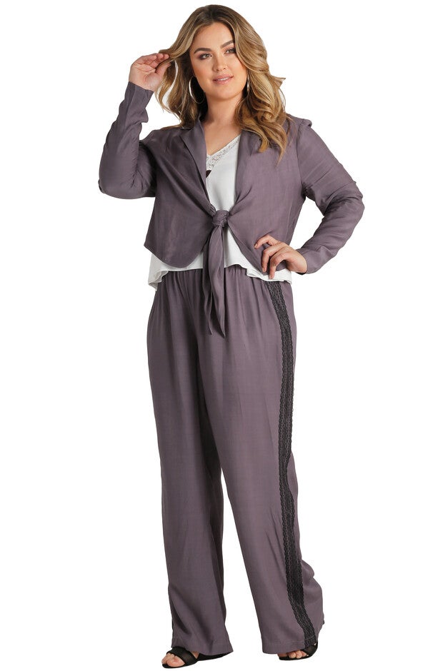 Plus Size Solid Wide Leg Rayon Twill Palazzo Pants With Lace Tuxedo Stripe, DARKPURPLE / Purple, alternate image number 3