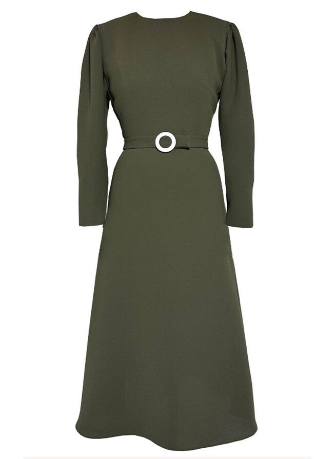 DIANA GEORGETTE LONG SLEEVE DRESS IN ARMY GREEN, Army Green / Hunter Green, hi-res image number 0