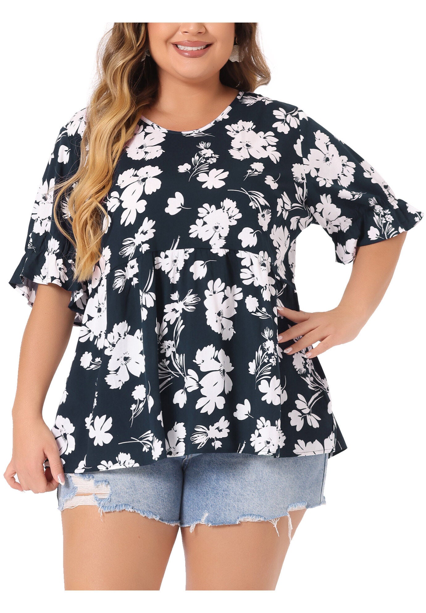 Floral Peplum Top V Neck Ruffle Short Sleeve Babydoll Blouse, Navy Blue / Navy, alternate image number 2
