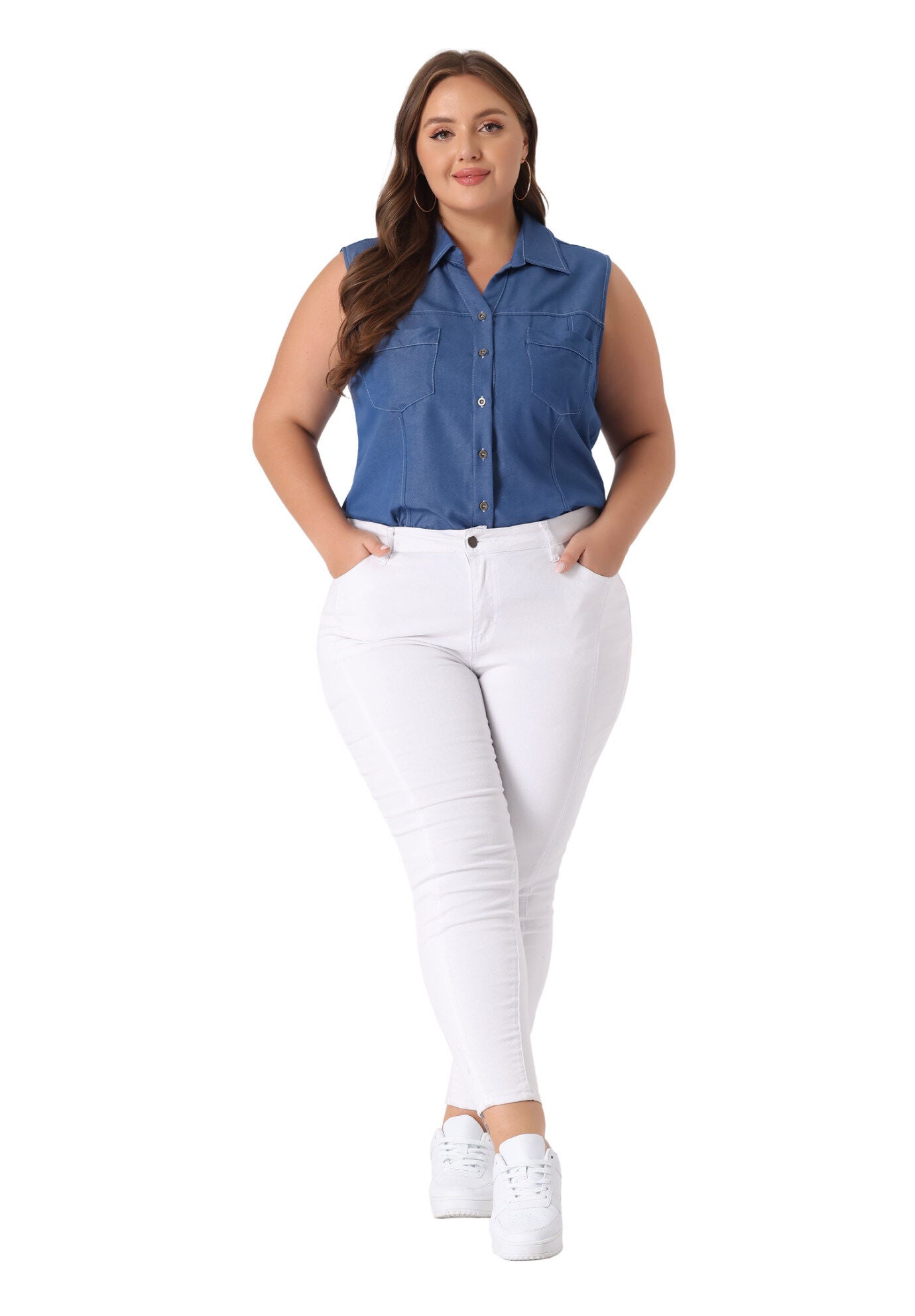 Sleeveless Button Down Shirt Chambray Top, Dark Blue / Navy, hi-res image number 0