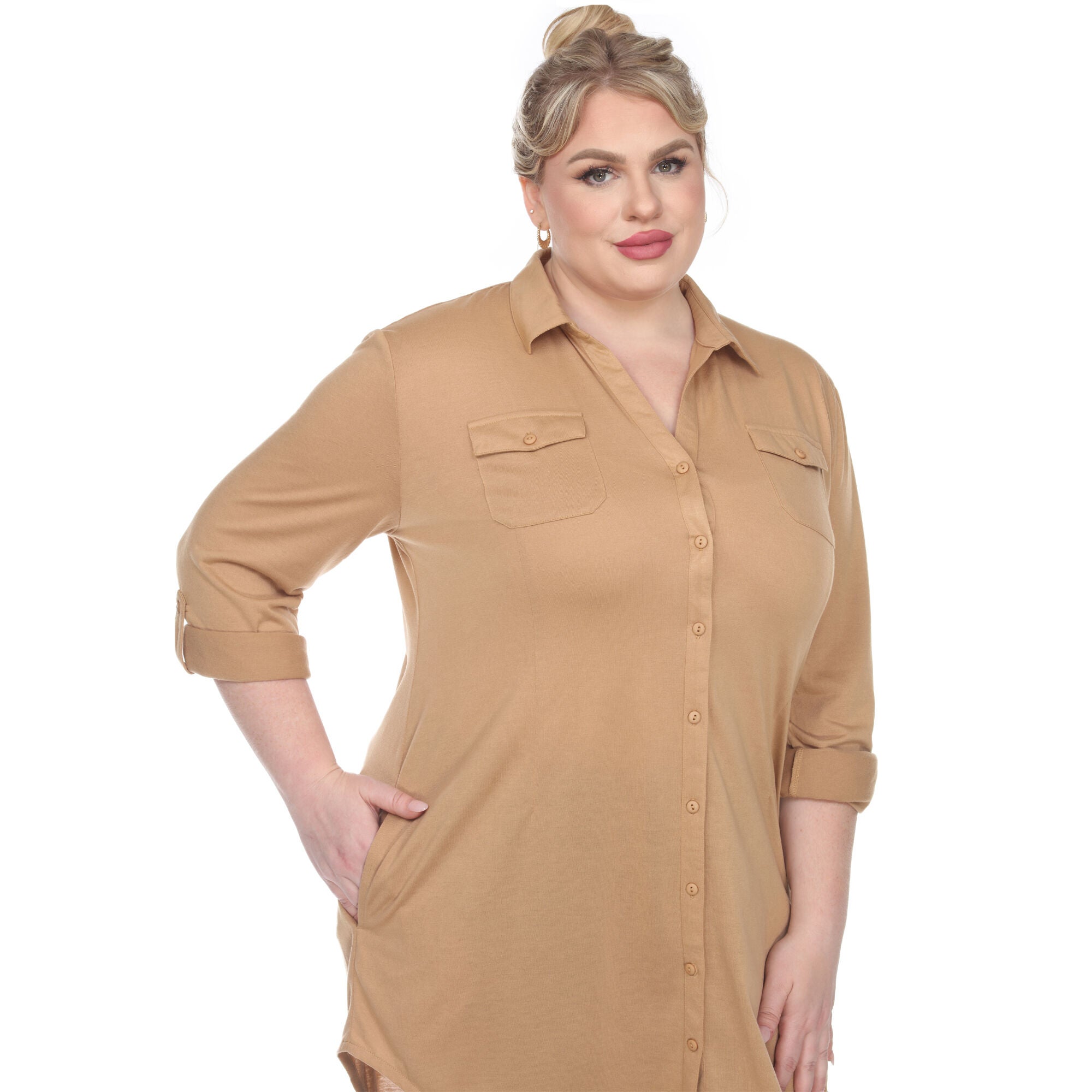 Stretchy Button Down Tunic Top, Camel / Brown, alternate image number 2