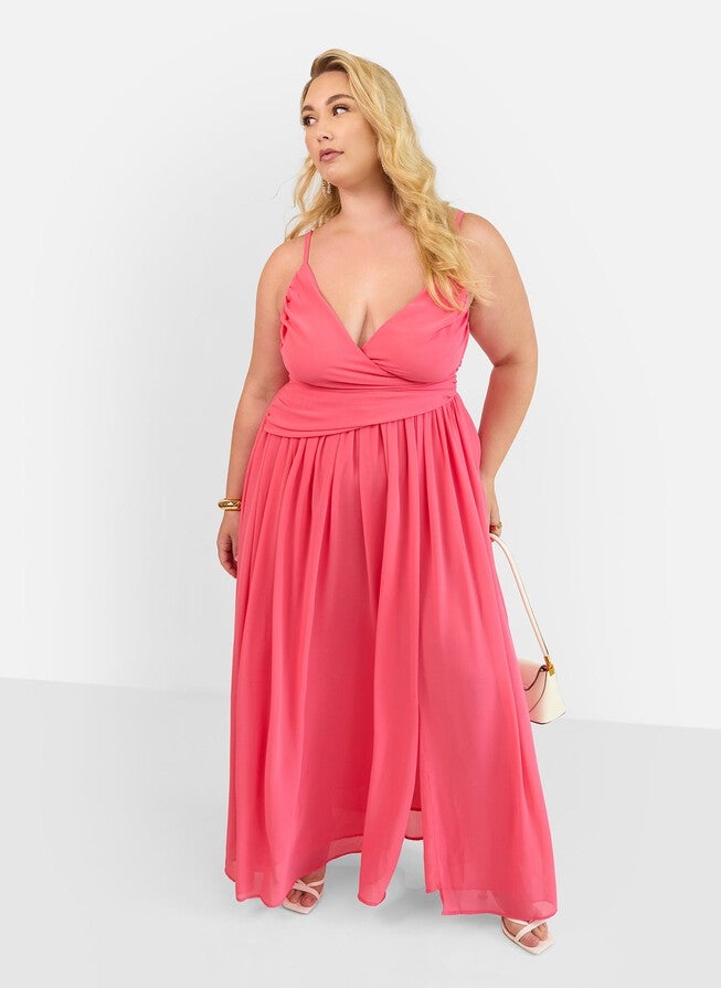 VITTORIA CHIFFON DRAPE MAXI A LINE DRESS - CORAL PINK | Dia & Co VITTORIA CHIFFON DRAPE MAXI A LINE DRESS - CORAL PINK | Dia & Co