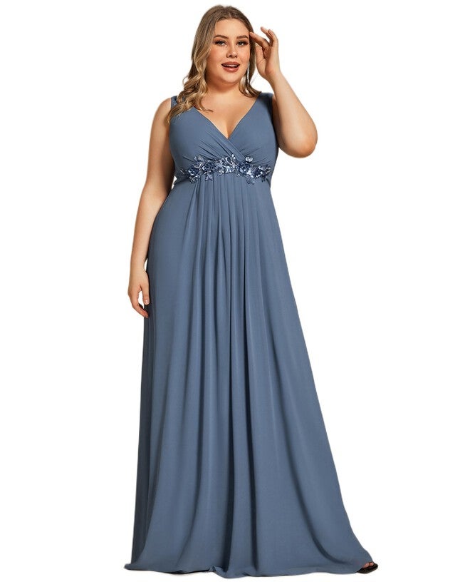 Floral Applique Sleeveless Chiffon Long Formal Evening Dress, Dusty Navy / Dusty Blue, alternate image number null