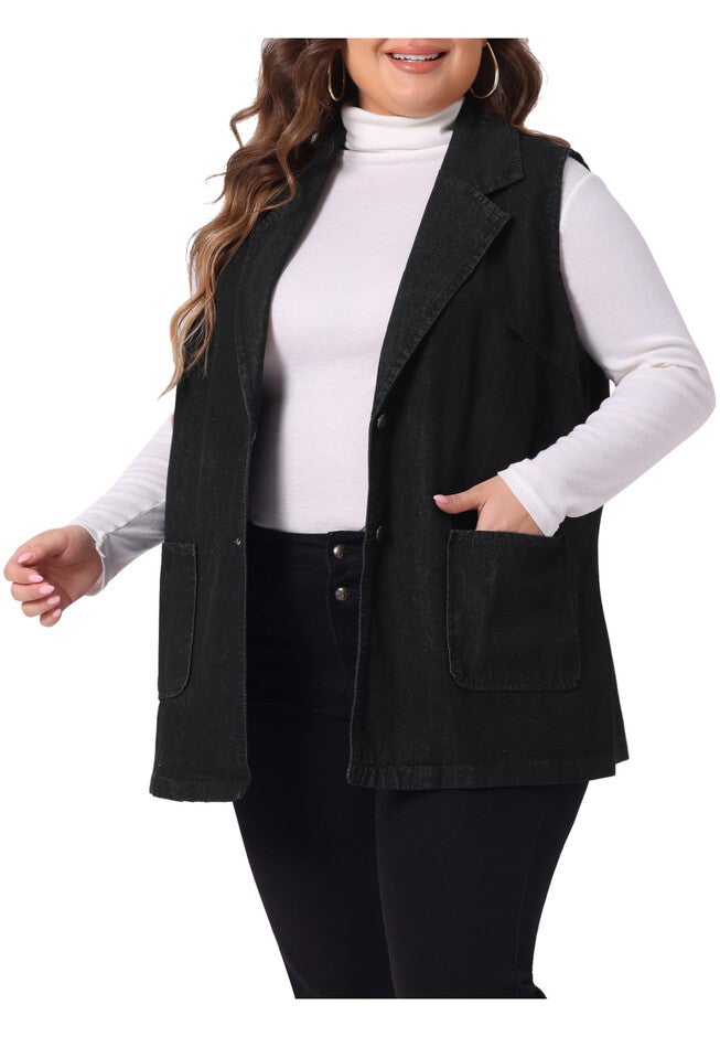 SLEEVELESS LAPEL LONG JEAN DENIM TUNIC VEST, Black / Black, alternate image number 2