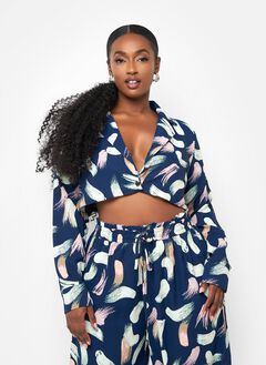 NINA PLUNGE PRINTED TOP - NAVY