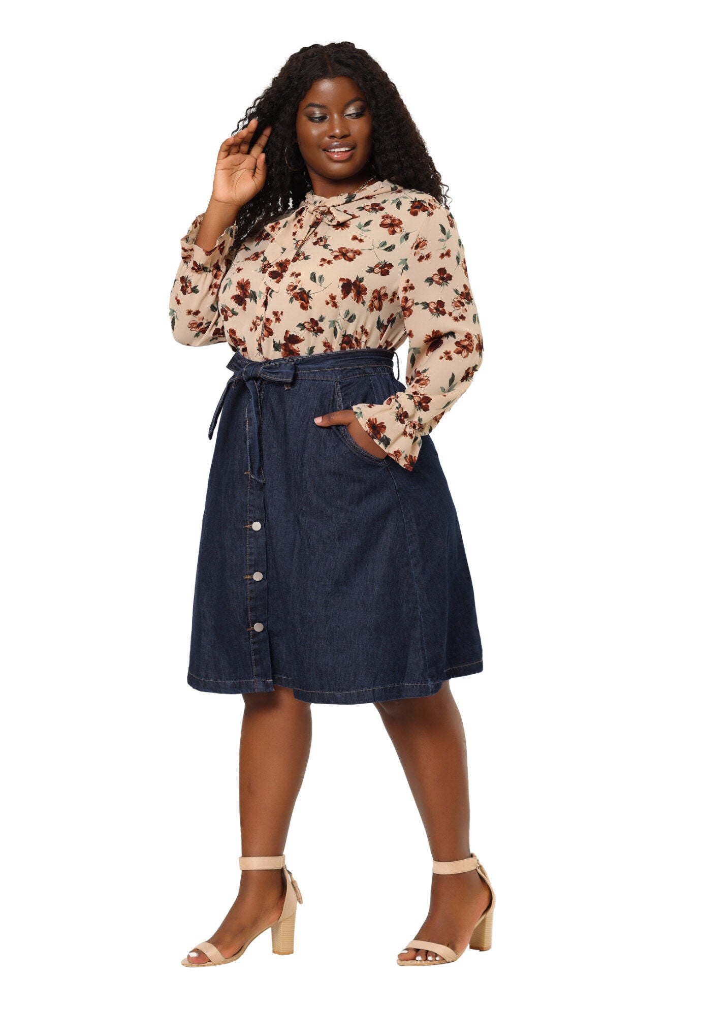 TIE WAIST A-LINE MIDI JEANS DENIM SKIRT, Dark Blue / Navy, alternate image number 3