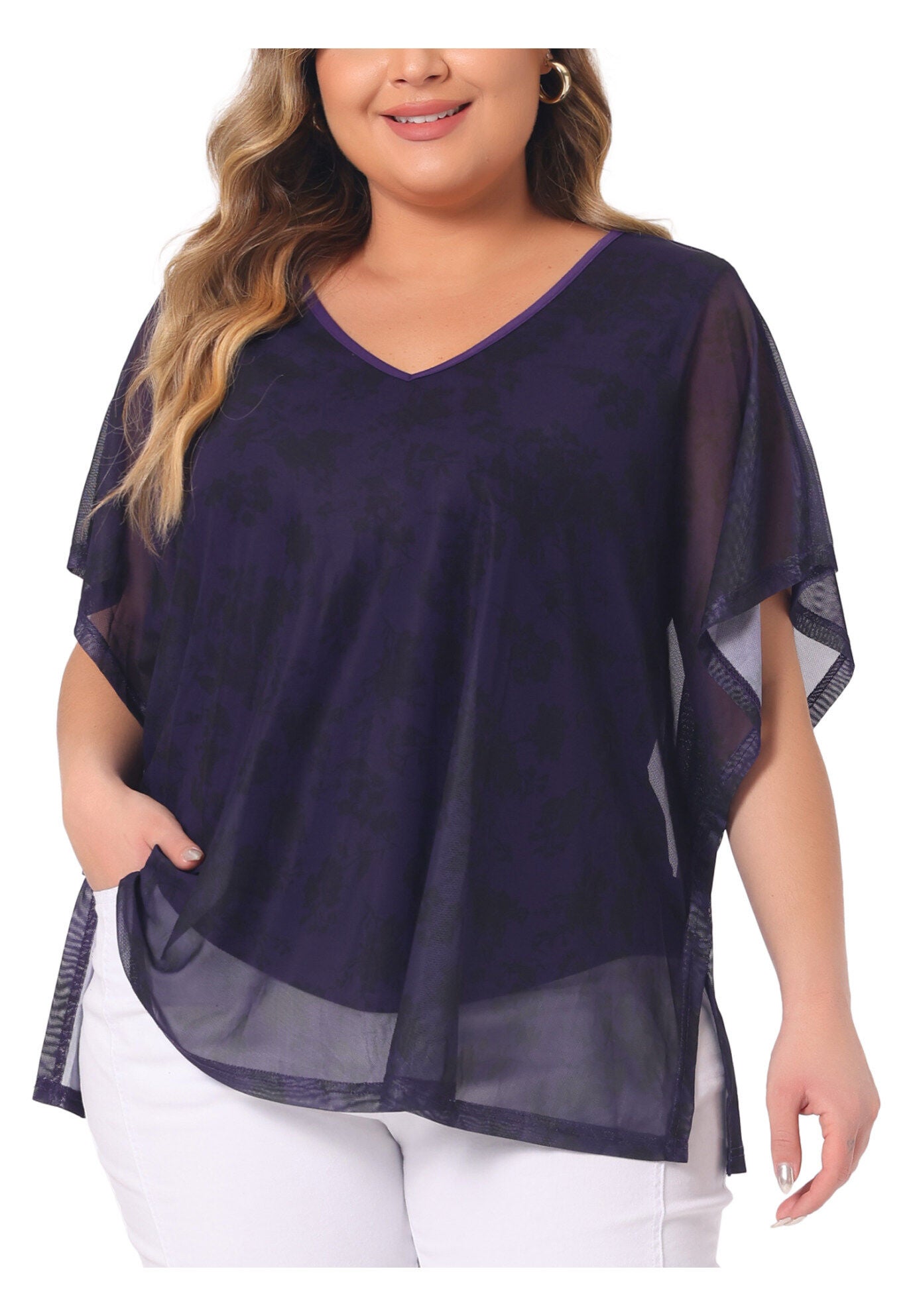 Floral Pattern Batwing Sleeve Beach Cover Loose Tunic Blouse, Purple / Purple, alternate image number 2