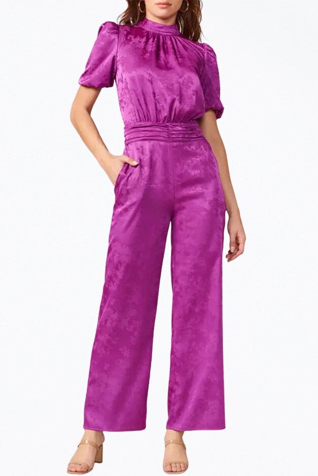 THEO OPEN-BACK SATEEN JACQUARD JUMPSUIT IN PURPLE, Purple / Purple, hi-res image number 0