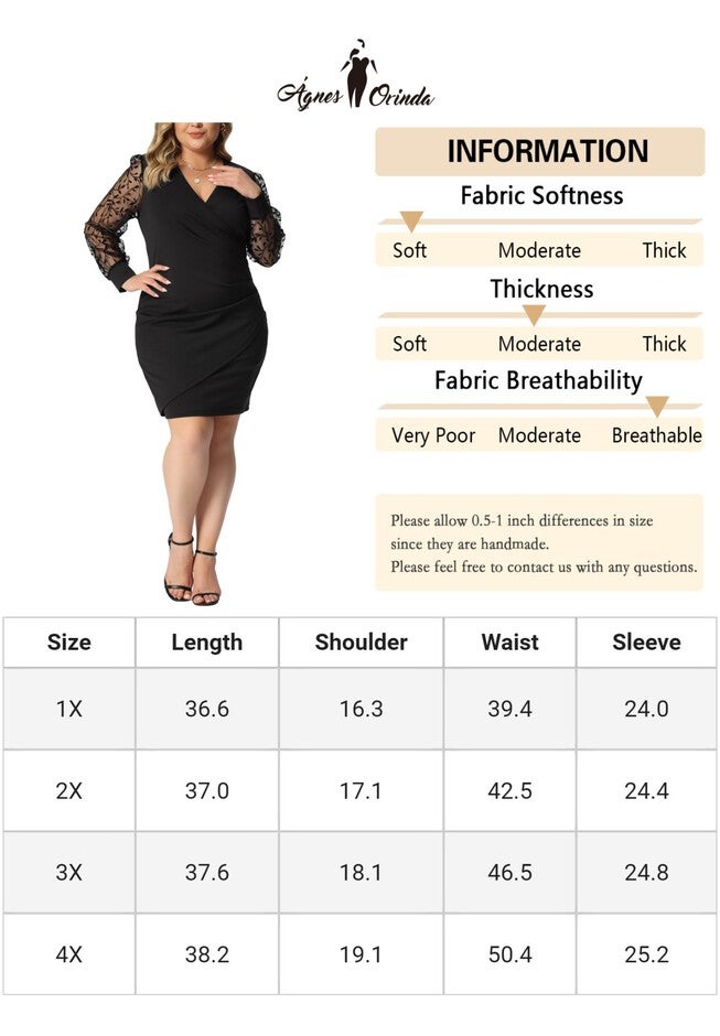 DEEP V NECK FAUX WRAP LONG SHEER SLEEVE COCKTAIL DRESS, Black / Black, alternate image number 4