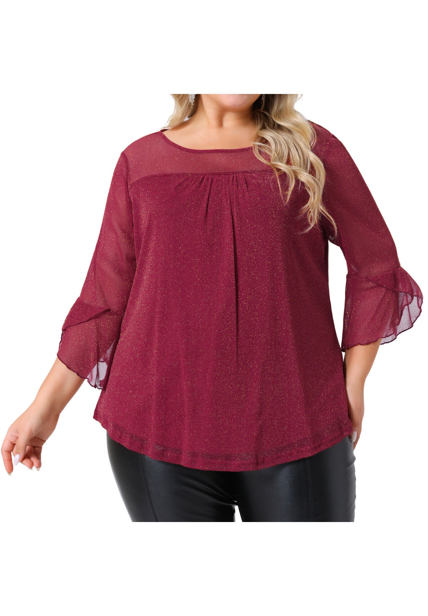 Ruffle 3/4 Sleeve Double Layers Glitter Mesh Top, Red / Red, alternate image number 2