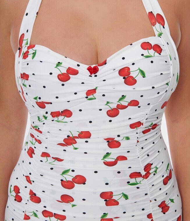 Unique Vintage White & Cherry Pin Dot Halter Swim Dress, , alternate image number null