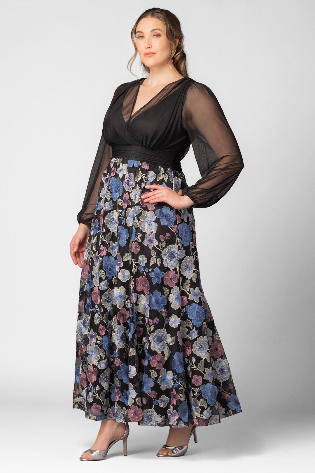 Isabella Embroidered Mesh Gown, Floral Frolic / Black, alternate image number 3