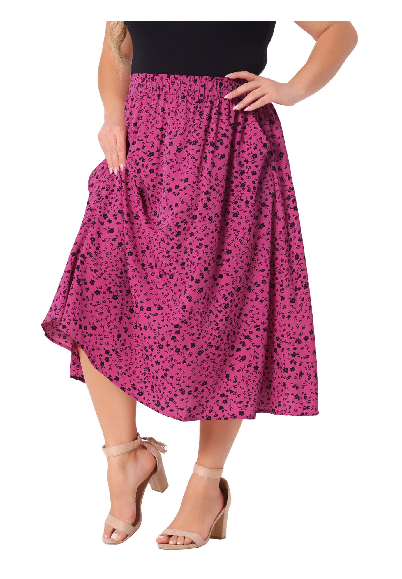 Printed Chiffon Elastic Waist Flowy Midi Skirt with Pockets, Hot Pink / Pink, alternate image number 2