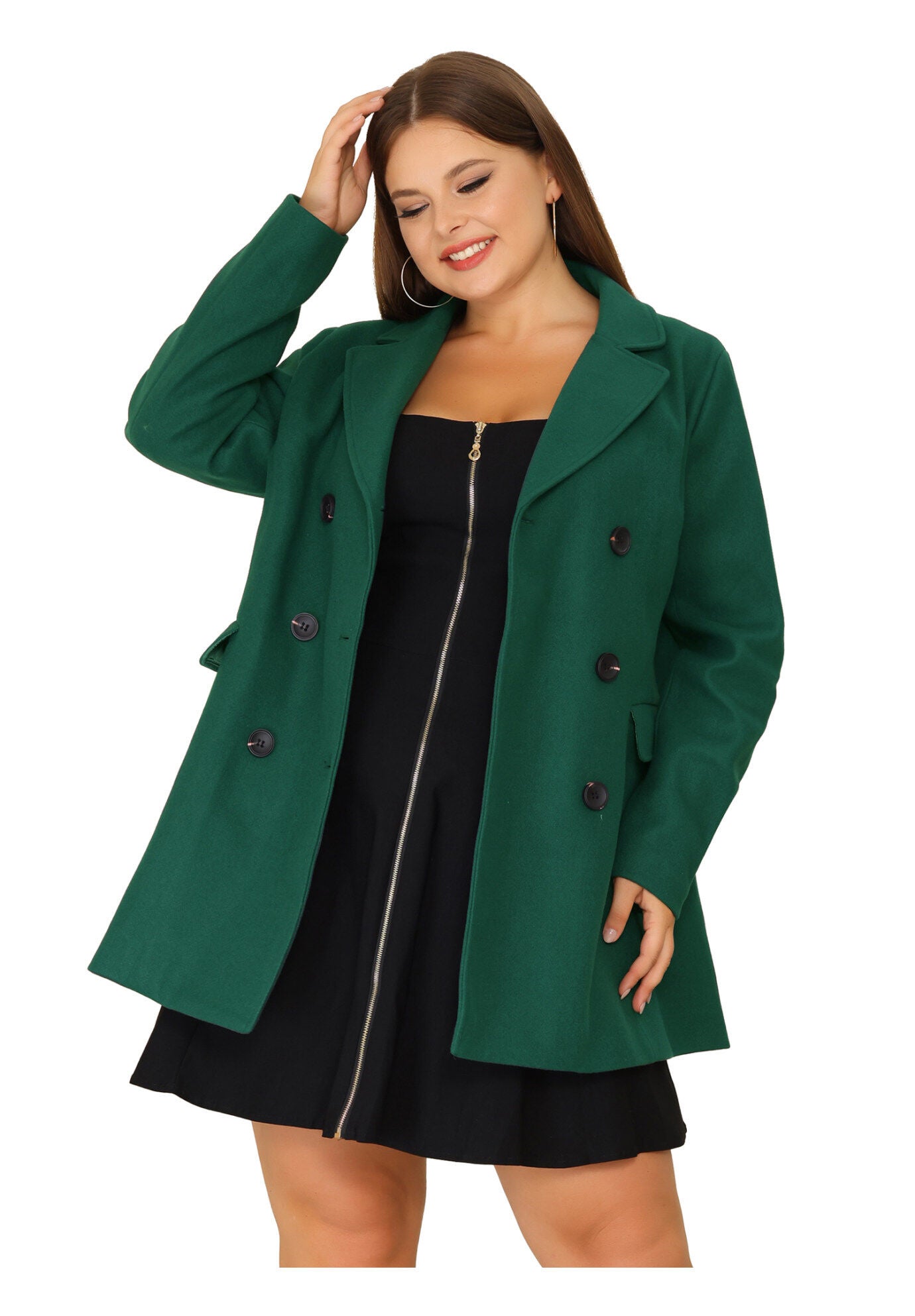 NOTCHED LAPEL DOUBLE BREASTED COAT, Dark Green / Forest Green, alternate image number 2