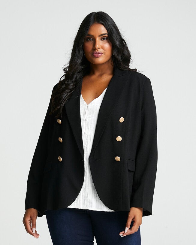 Clever Double Breasted Black Blazer, Black 1 / Black, hi-res image number null