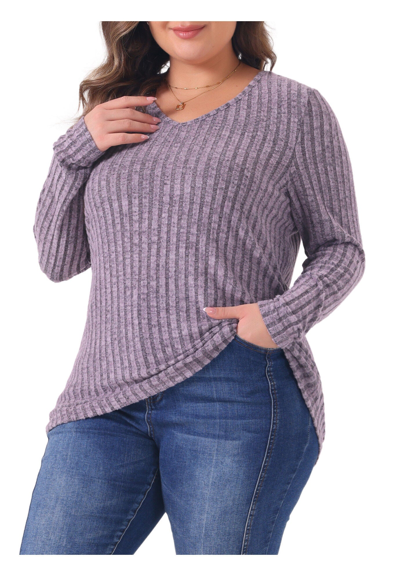 V Neck Long Sleeve Ribbed Brushed Tunic Blouse, Purple / Purple, alternate image number 4