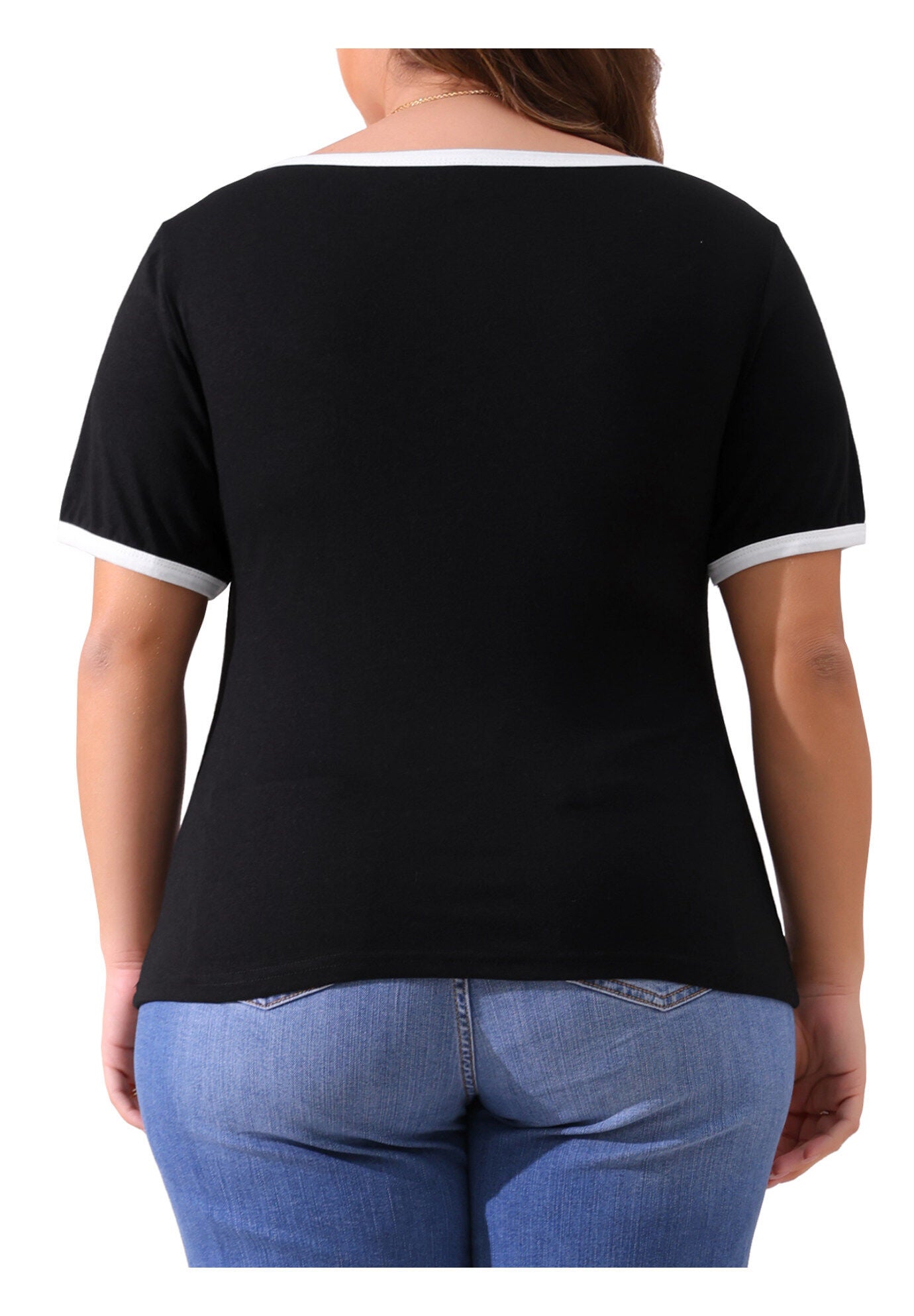 Square Neck Short Sleeve T-Shirt Ribbed Knit Color Block Slim Top, Black / Black, alternate image number 3