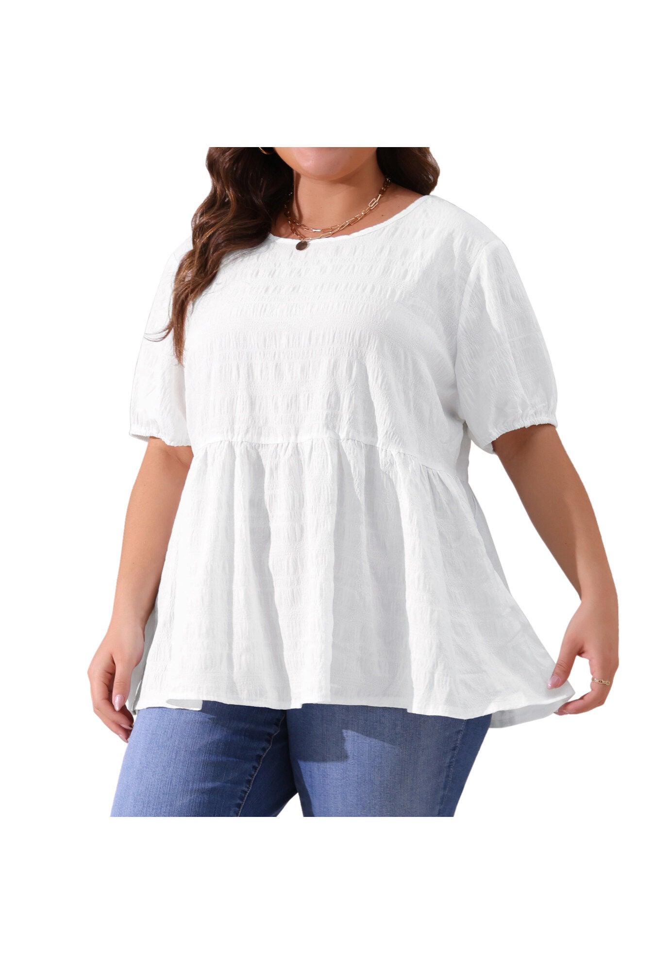 Babydoll Short Sleeve Loose Fit Flowy Blouse, White / White, alternate image number 1
