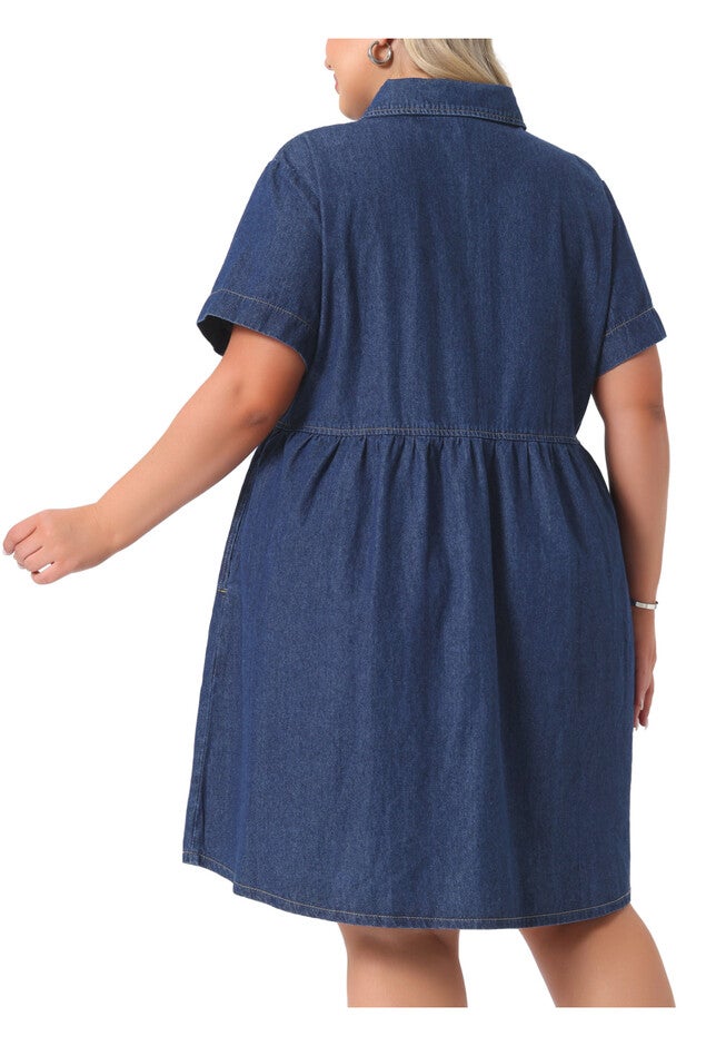Denim Babydoll Tiered Short Sleeve Button Down Jean Shirt Dress, Dark Blue / Navy, alternate image number 3