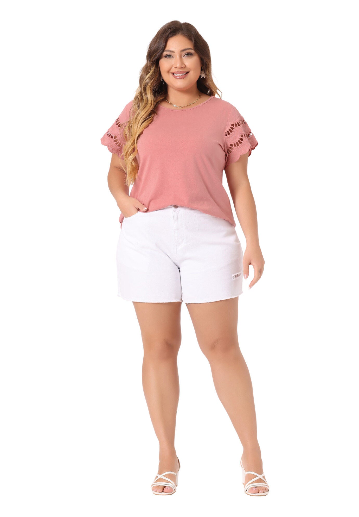 Lace Panel Hollow Short Sleeve Summer Blouse, Pink / Pink, hi-res image number 0