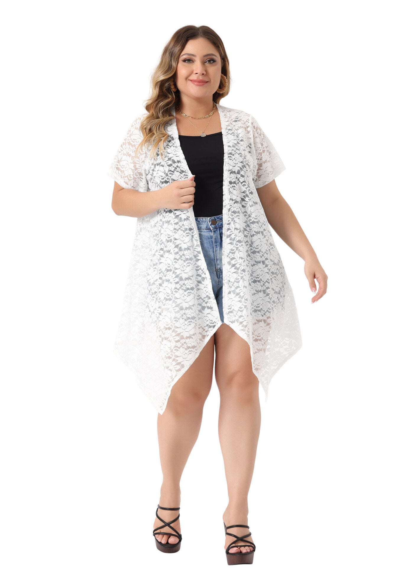 Lace Crochet Cardigan Open Front Short Sleeves Sheer Cover Up, White / White, hi-res image number 0