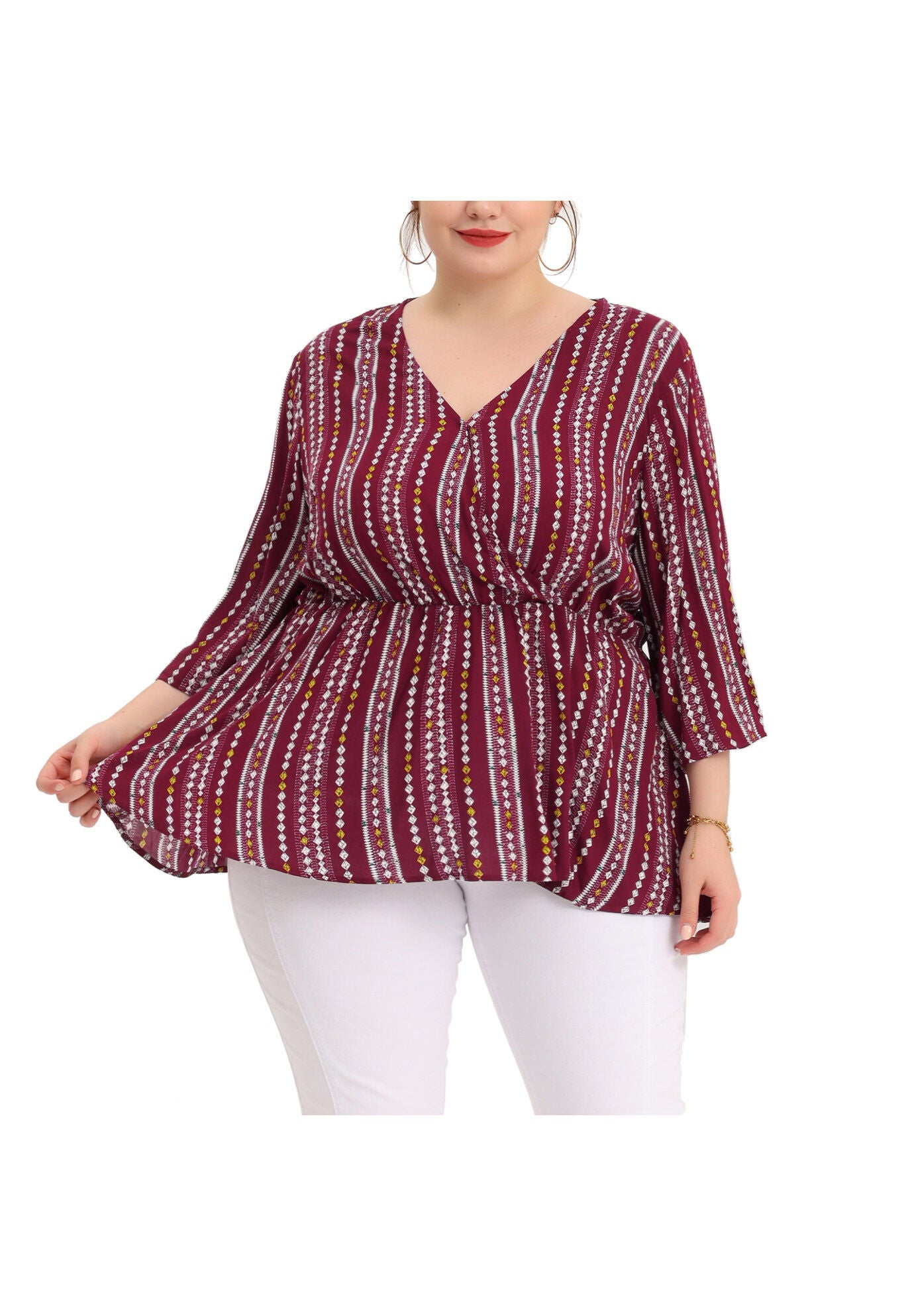 Boho Work V Neck Striped Peplum Top Blouse, Red / Red, alternate image number 2