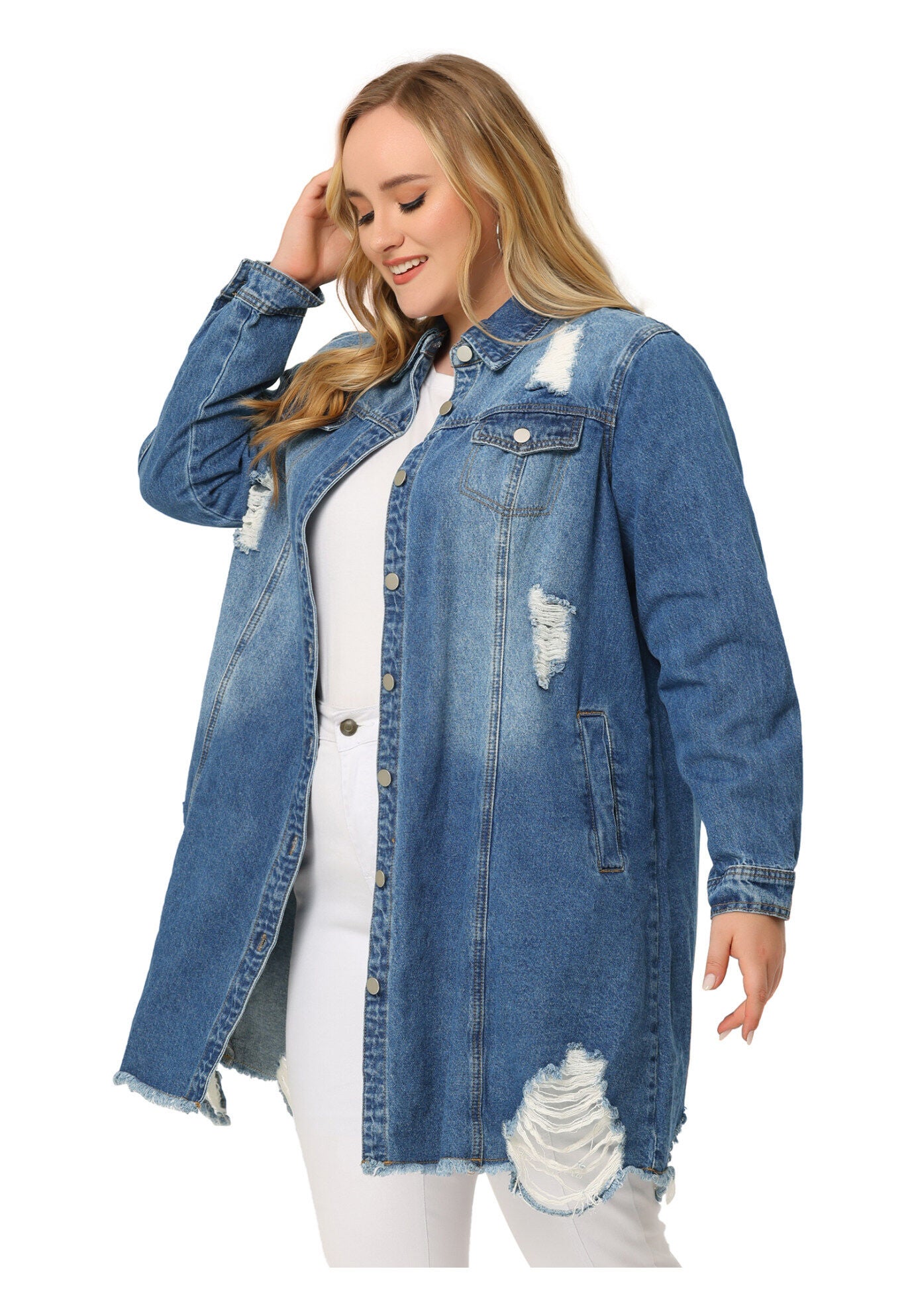 CLASSIC DISTRESSED FRAY HEM TRUCKER DENIM JACKET, Dark Blue / Navy, hi-res image number 0