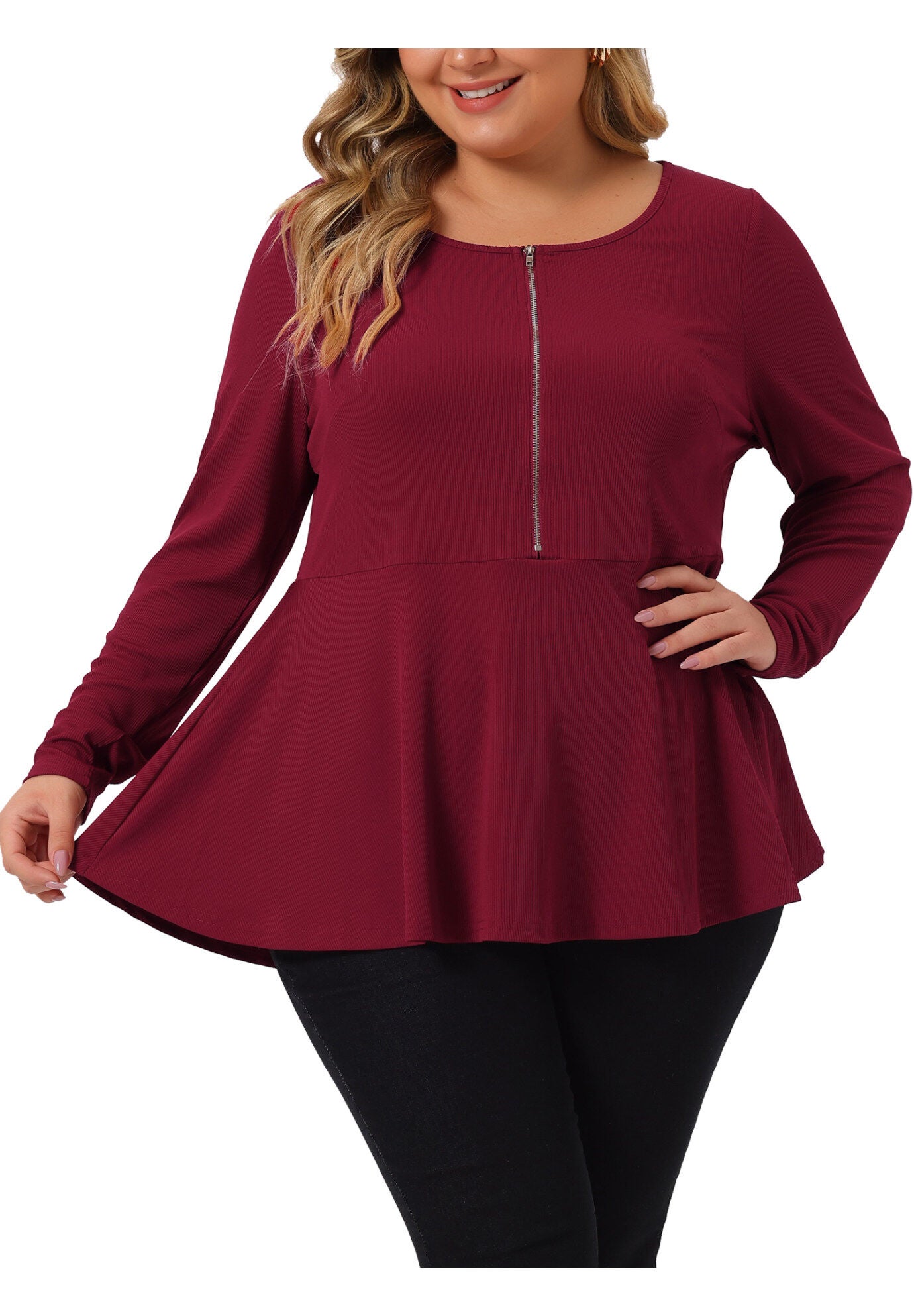 Long Sleeve Half Zip Up Low Cut Ruffle Babydoll Peplum Top, Burgundy / Burgundy, alternate image number 2