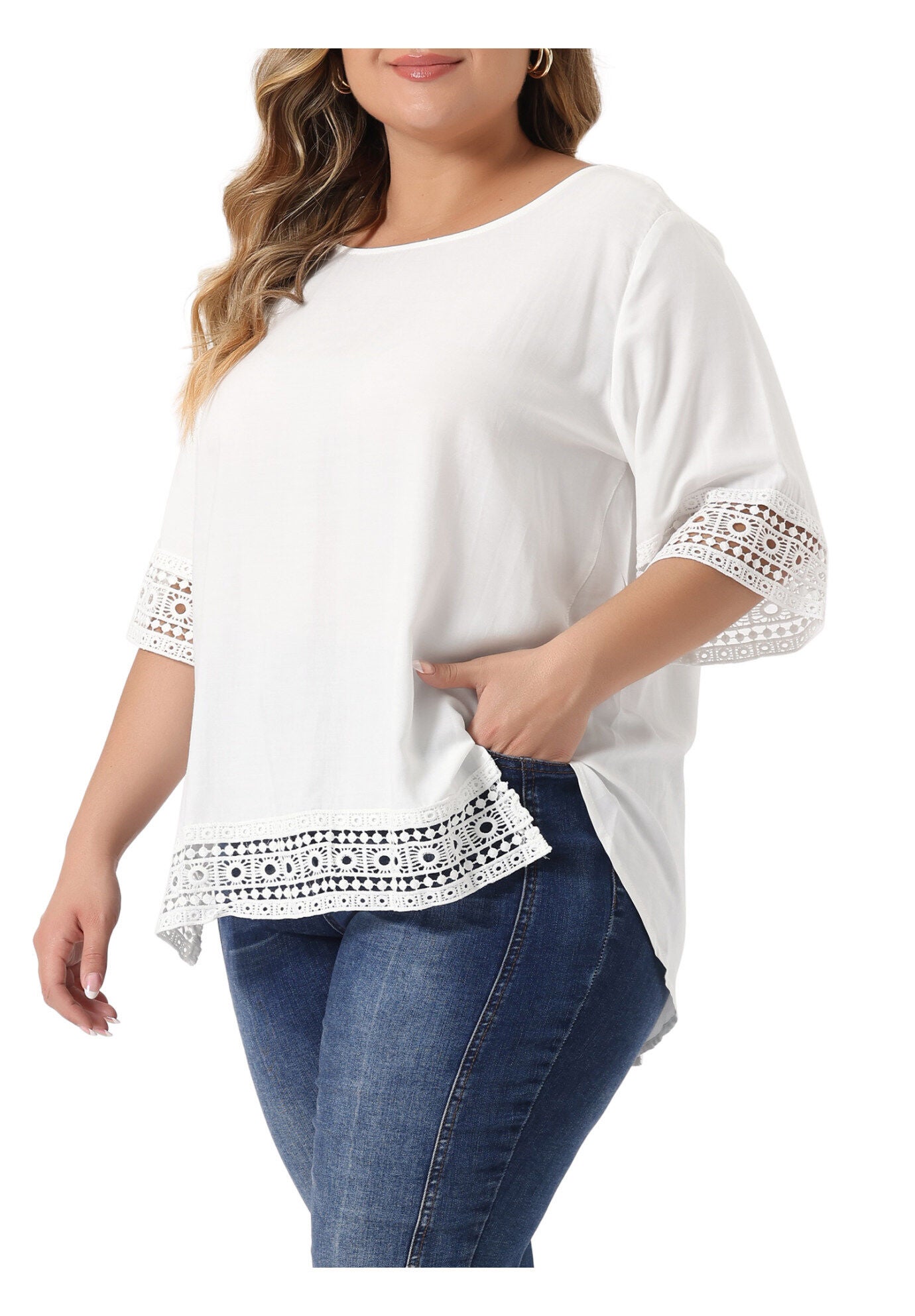 Crewneck Lace Crochet Short Sleeve Casual Loose Top, White / White, alternate image number 2