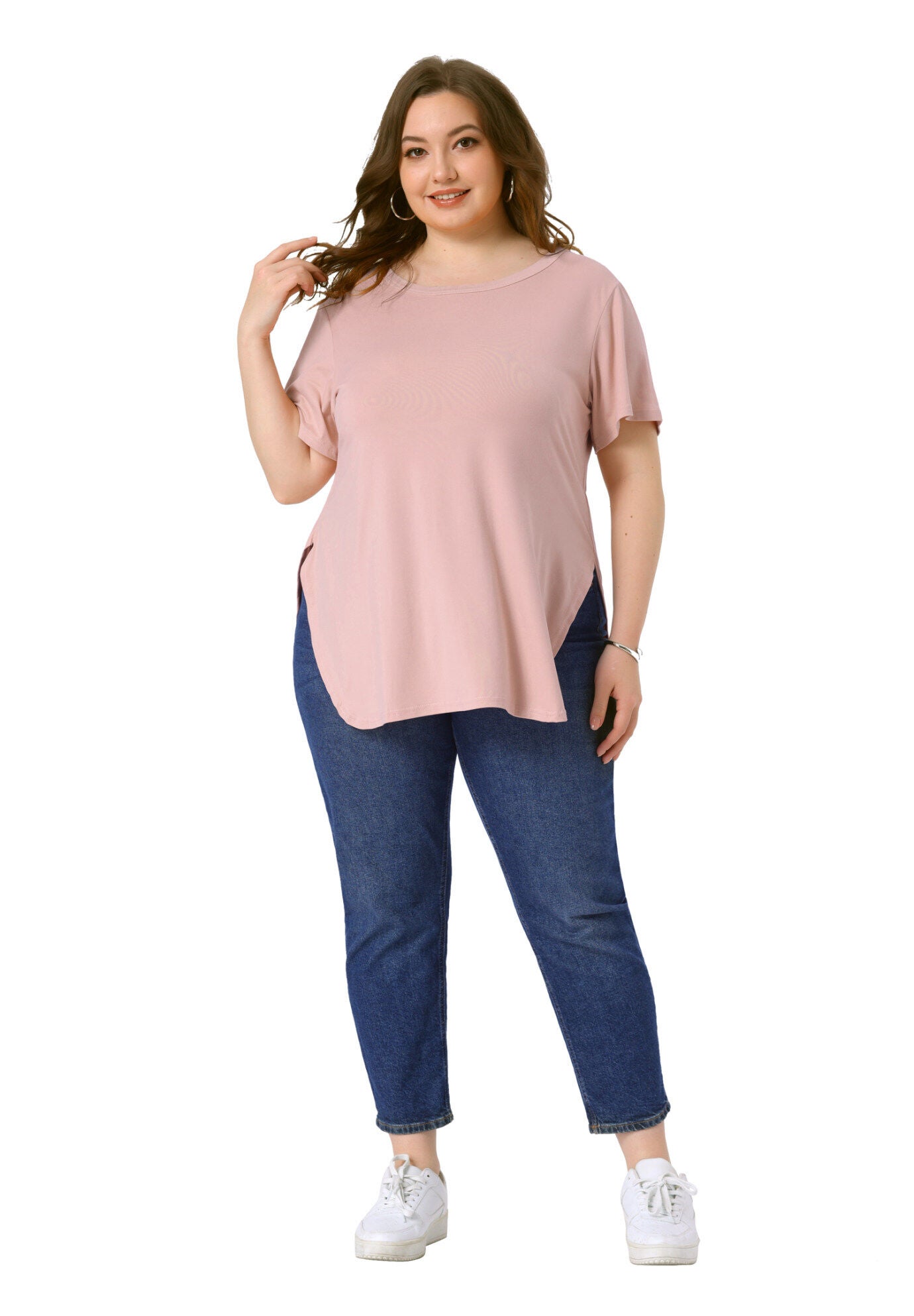 Short Sleeve Round Neck Side Split Hem T-Shirts, Pink / Pink, hi-res image number 0