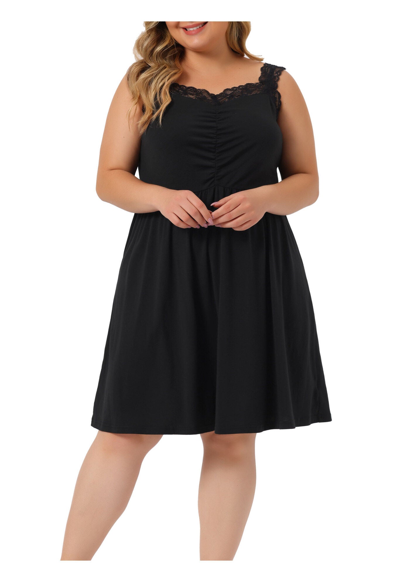 Cami Lace Spaghetti Loungewear A-Line Sleep Nightgown, Black / Black, alternate image number 1