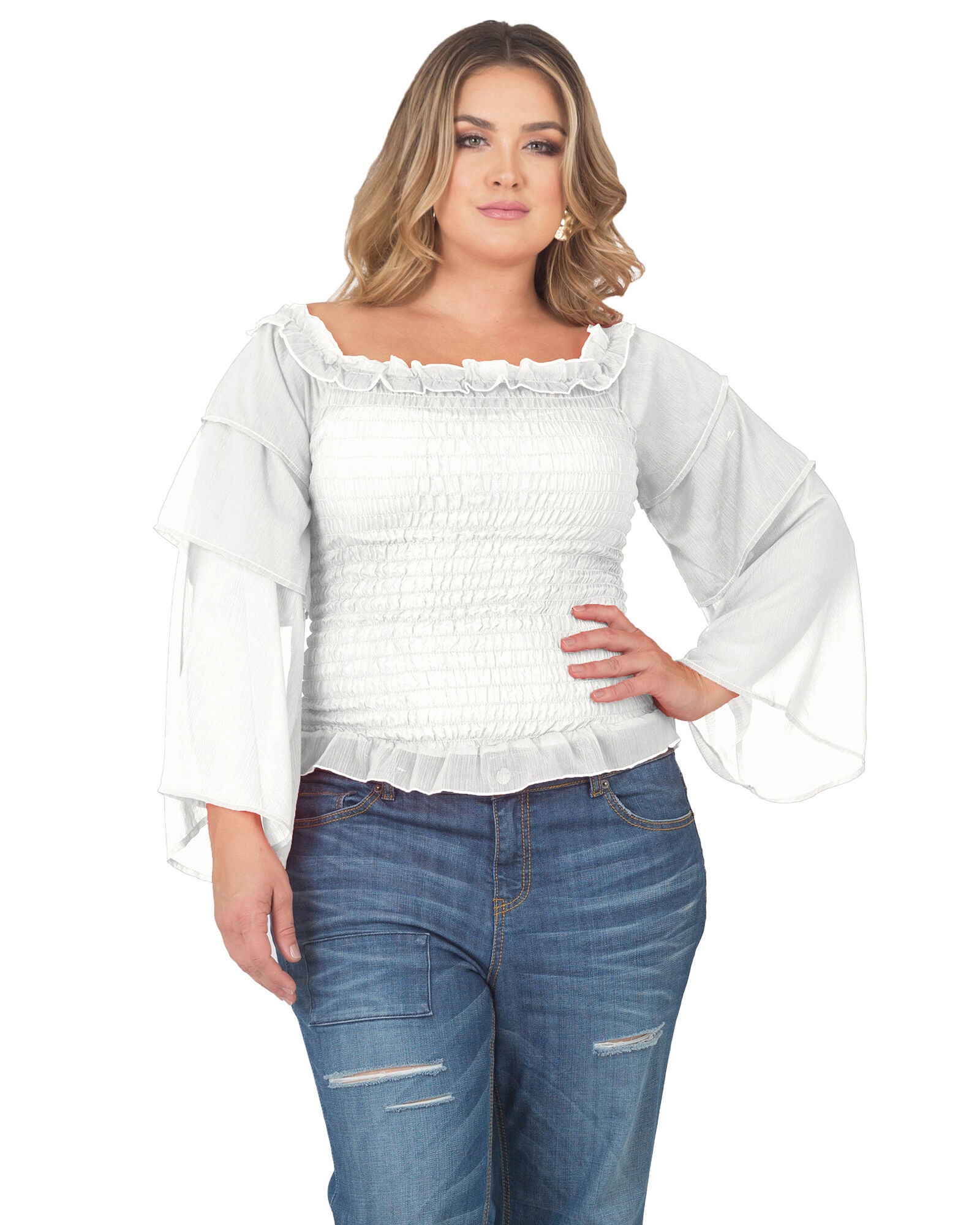 Plus Size Jessa Smocked Tierd Sleeve Top, Off White / White, hi-res image number 0