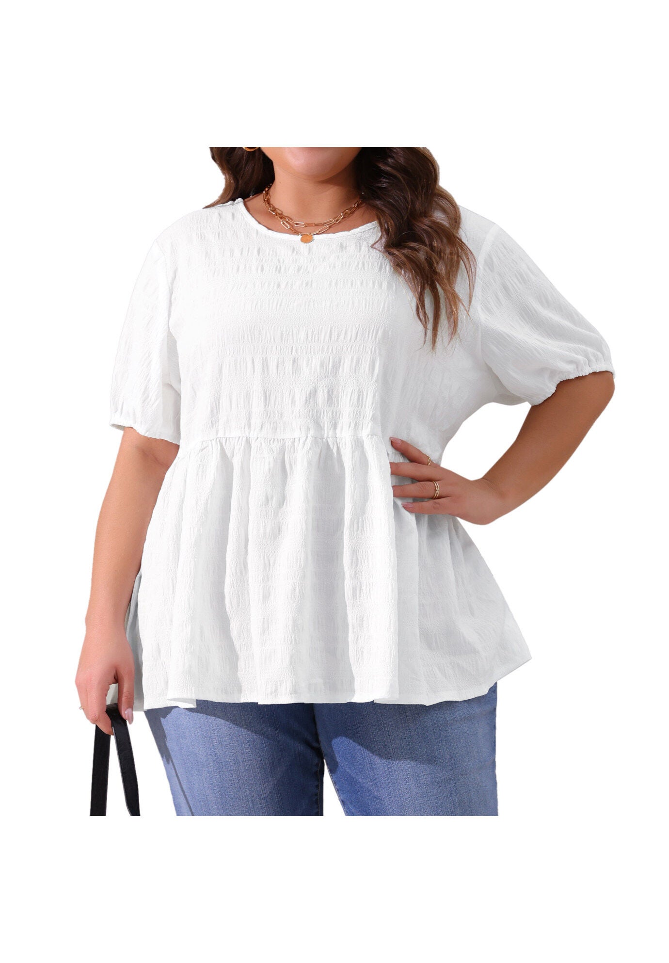 Babydoll Short Sleeve Loose Fit Flowy Blouse, White / White, alternate image number 2