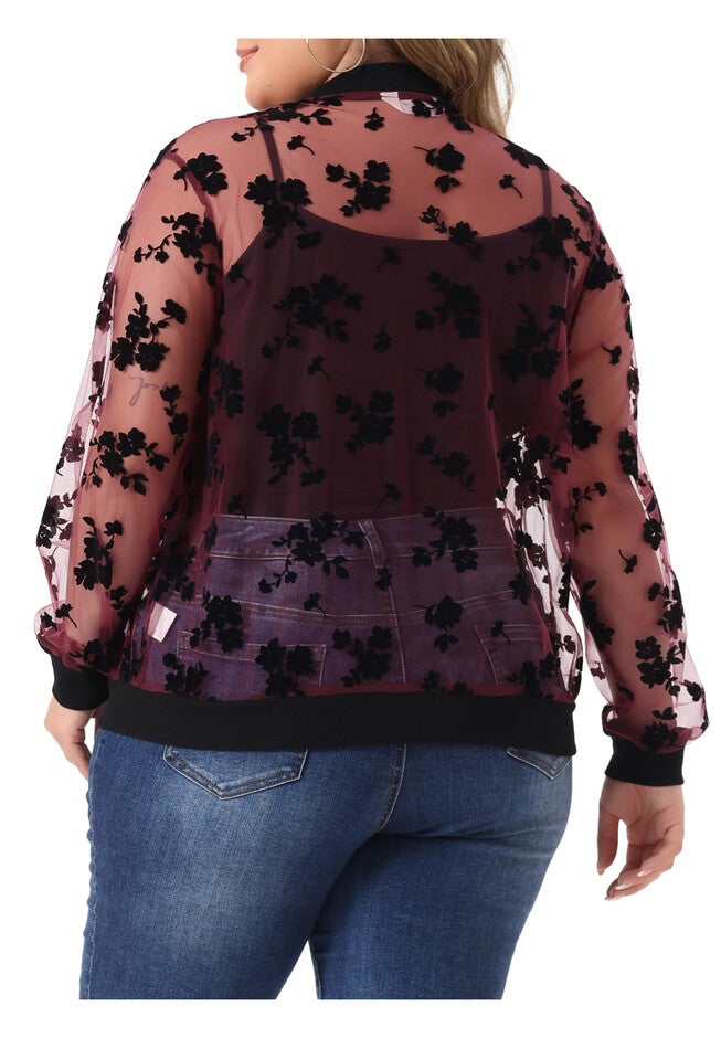 SHEER FLORAL LACE LONG SLEEVE BASEBALL JACKET, Burgundy / Red, alternate image number 3