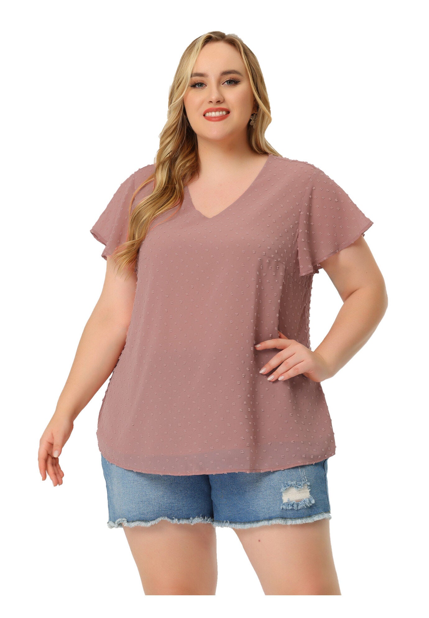 Swiss Dots Blouse V Neck Summer Short Sleeve Casual Top, Pink / Pink, hi-res image number 0