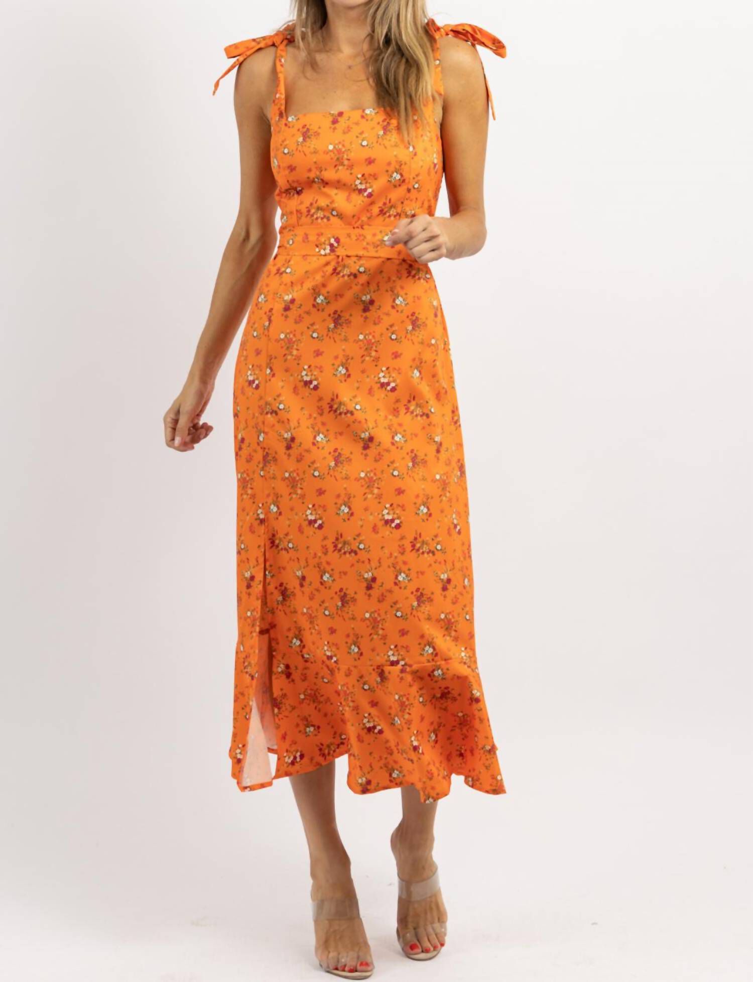 knee length dresses for ladies Millie Printed Peplum Tie Strap Midi Dress – Azlinn Hope main image 1