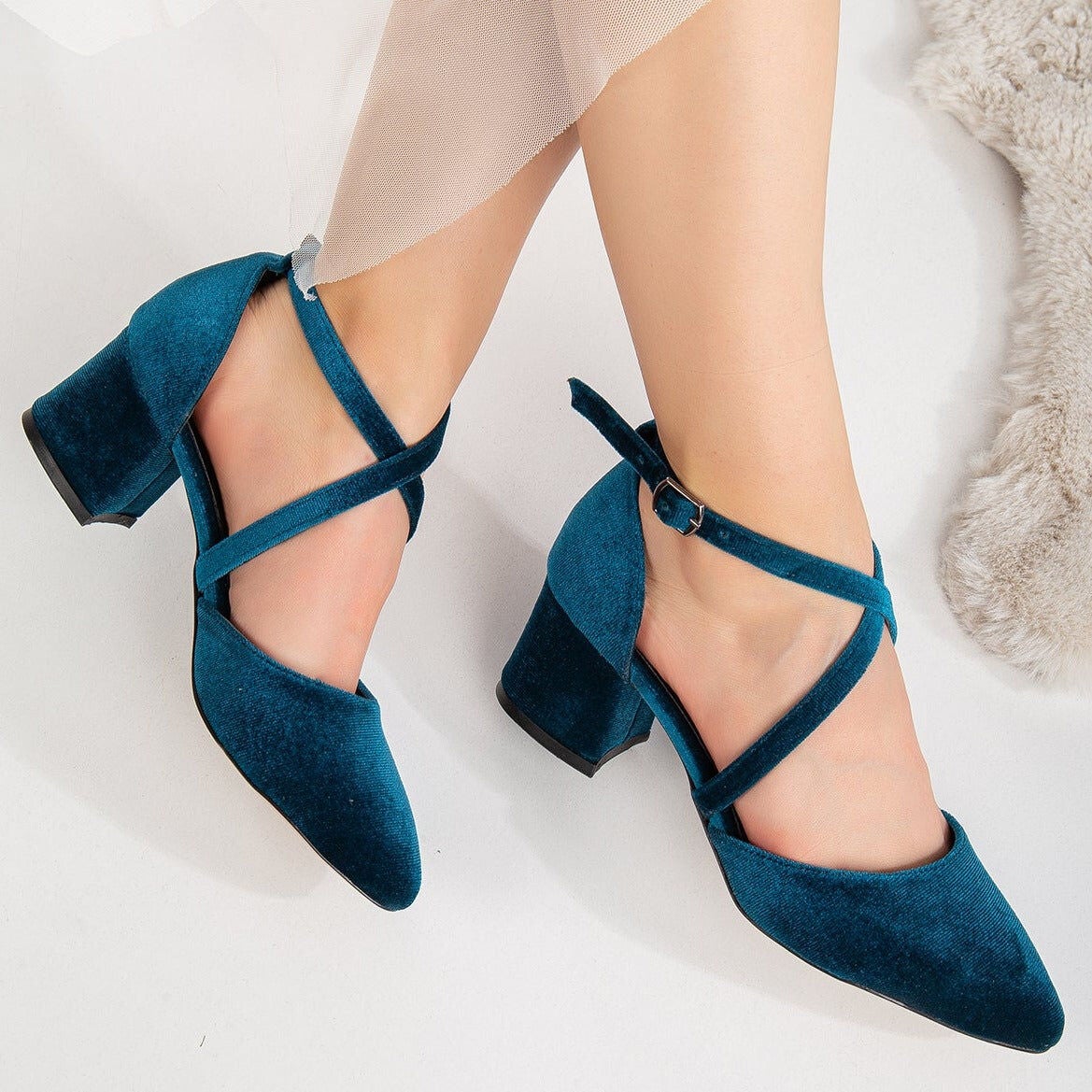 Dolly Low Block Heel Pumps, Teal Blue Velvet / Teal, alternate image number 4